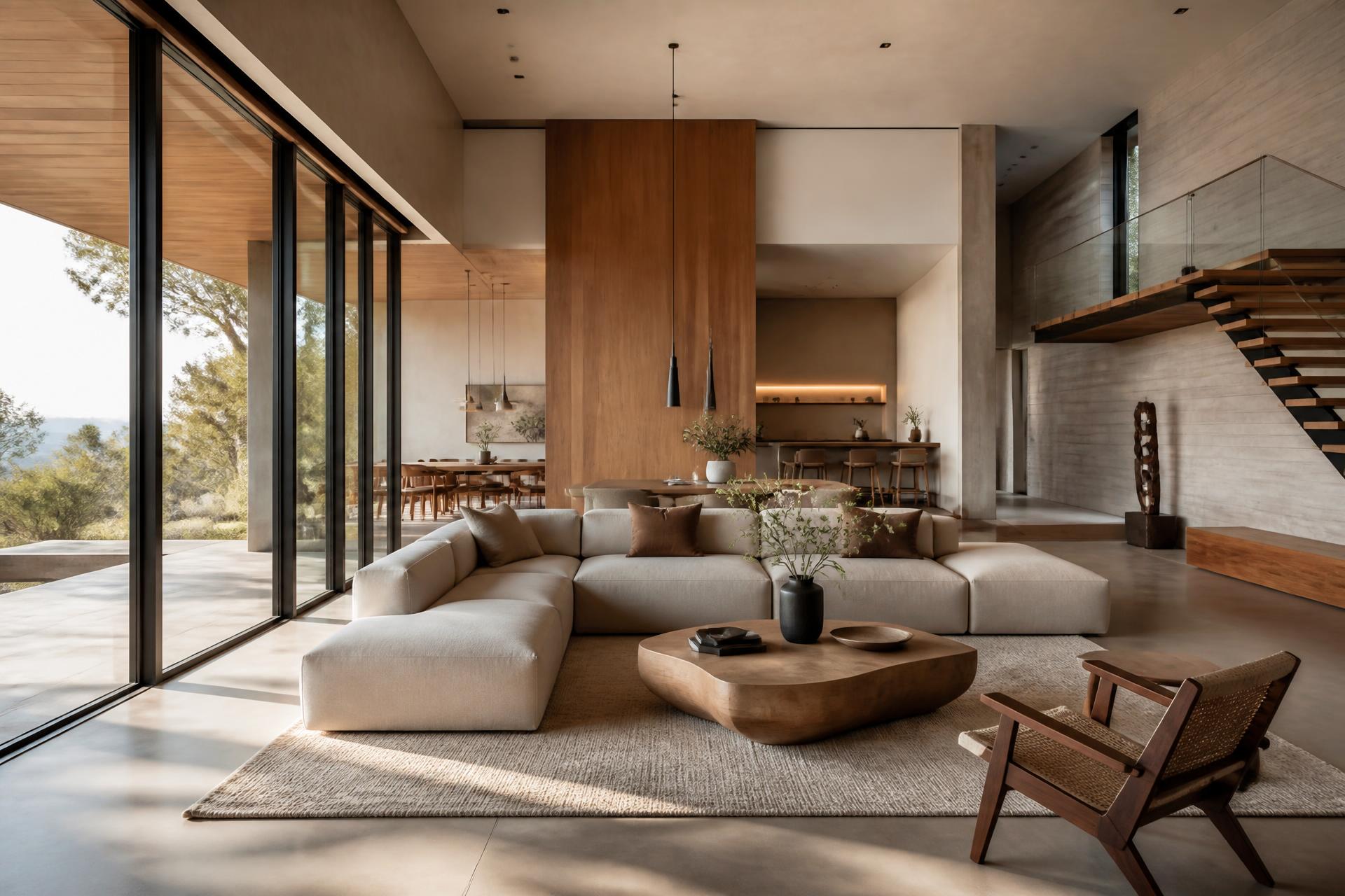Modern open-concept luxury living room with wood accents and natural light